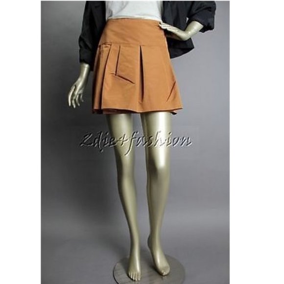 New with Tags PRADA Ocra Silk Polyester Pleated Brown Rust Wrap Mini Skirt 8 - Picture 2 of 6